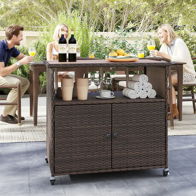 Outdoor Storage Cabinet with Acacia Wood Top and Lockable Wheels - Sheds & Outdoor Storage