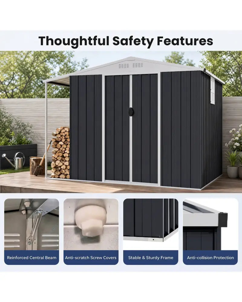 Outdoor Storage Shed with Lockable Double Sliding Door and Open Firewood Bay-Gray - Gray - Sheds & Outdoor Storage