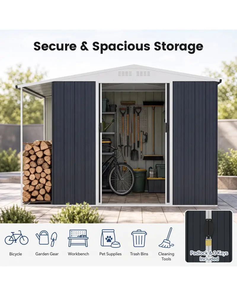 Outdoor Storage Shed with Lockable Double Sliding Door and Open Firewood Bay-Gray - Gray - Sheds & Outdoor Storage