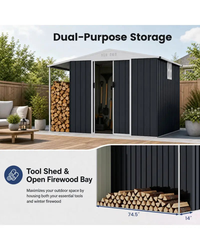 Outdoor Storage Shed with Lockable Double Sliding Door and Open Firewood Bay-Gray - Gray - Sheds & Outdoor Storage