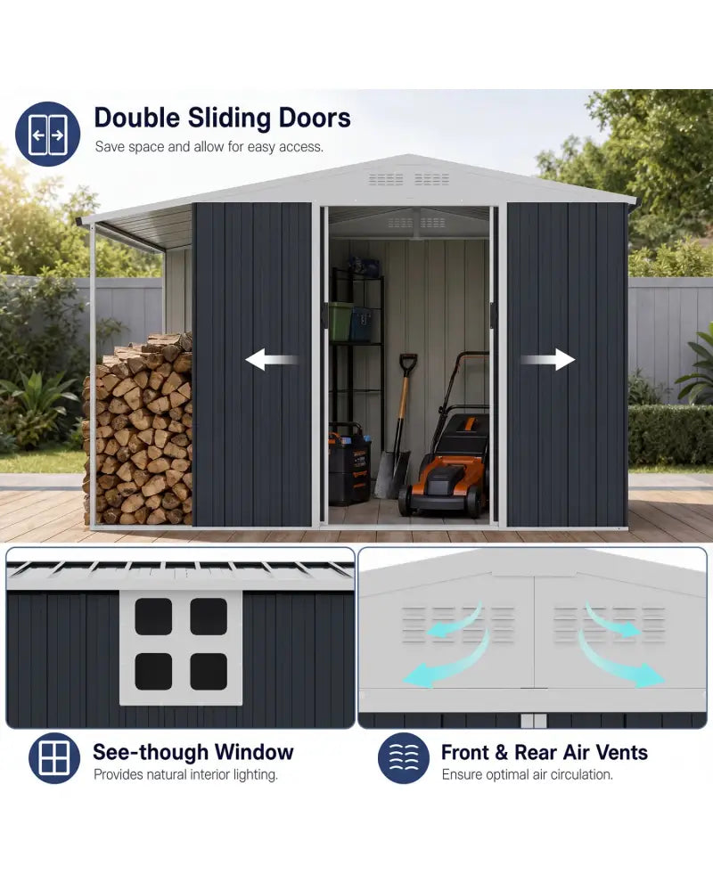Outdoor Storage Shed with Lockable Double Sliding Door and Open Firewood Bay-Gray - Gray - Sheds & Outdoor Storage