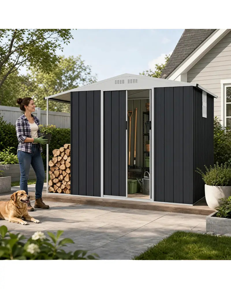 Outdoor Storage Shed with Lockable Double Sliding Door and Open Firewood Bay-Gray - Gray - Sheds & Outdoor Storage