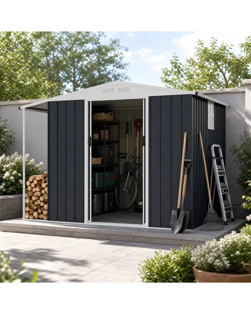 Outdoor Storage Shed with Lockable Double Sliding Door and Open Firewood Bay-Gray - Gray - Sheds & Outdoor Storage