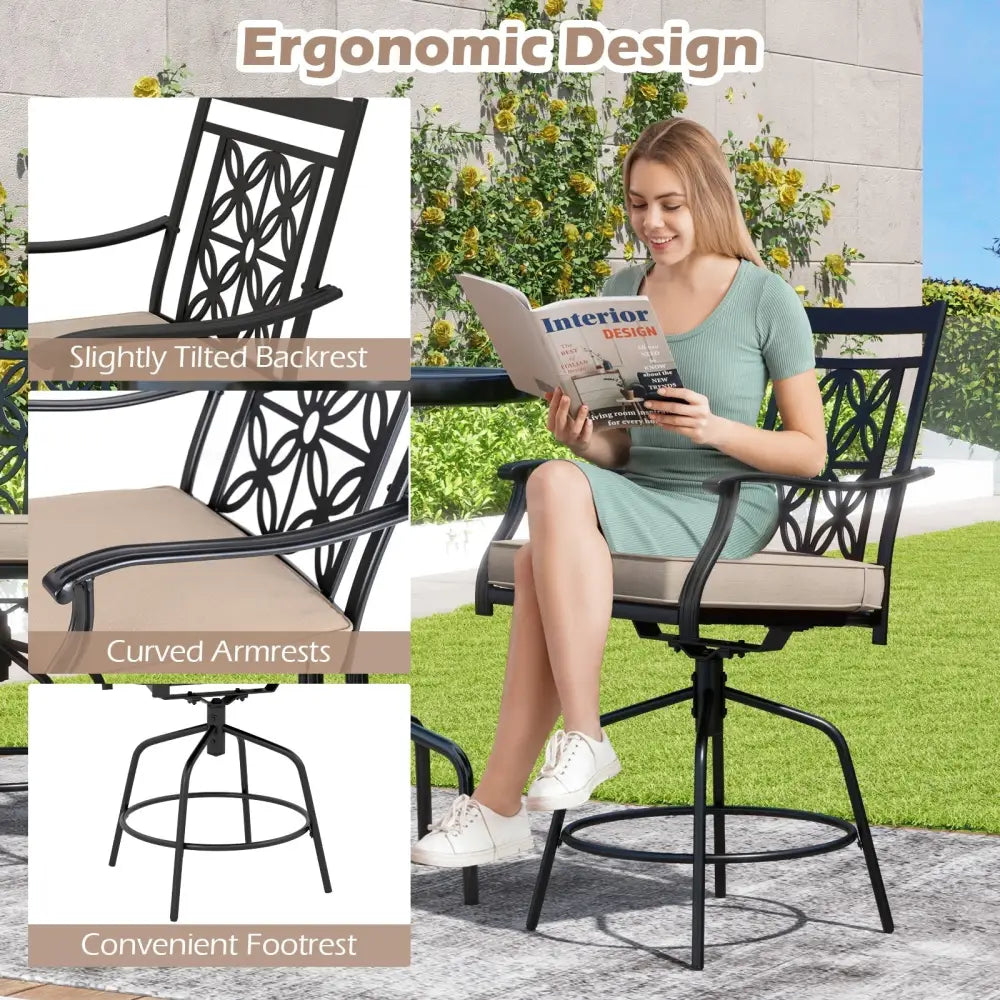 Outdoor Swivel Bar Stools Set of 2 with Seat Cushions-Brown - Brown - Bar Stools