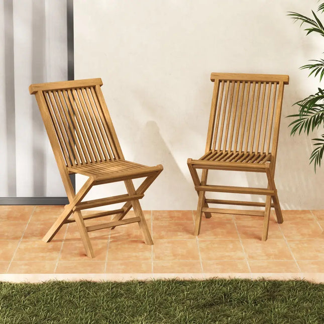 Outdoor Teak Wood Chairs Set of 2 with Slatted Seat and Backrest - Natural - Patio Dining Chairs