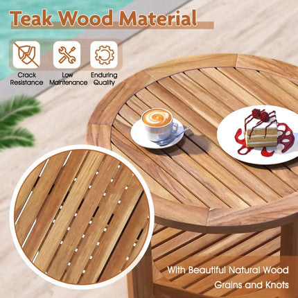 Outdoor Teak Wood Round Side Table Patio End Table with Slatted Storage Shelf - Natural - Patio Coffee Tables