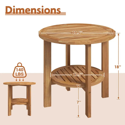 Outdoor Teak Wood Round Side Table Patio End Table with Slatted Storage Shelf - Natural - Patio Coffee Tables