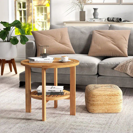 Outdoor Teak Wood Round Side Table Patio End Table with Slatted Storage Shelf - Natural - Patio Coffee Tables