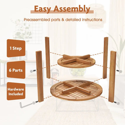 Outdoor Teak Wood Round Side Table Patio End Table with Slatted Storage Shelf - Natural - Patio Coffee Tables