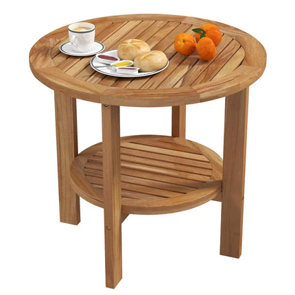 Outdoor Teak Wood Round Side Table Patio End Table with Slatted Storage Shelf - Natural - Patio Coffee Tables