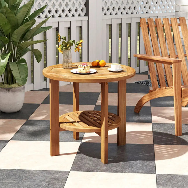Outdoor Teak Wood Round Side Table Patio End Table with Slatted Storage Shelf - Natural - Patio Coffee Tables