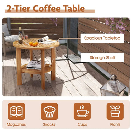 Outdoor Teak Wood Round Side Table Patio End Table with Slatted Storage Shelf - Natural - Patio Coffee Tables