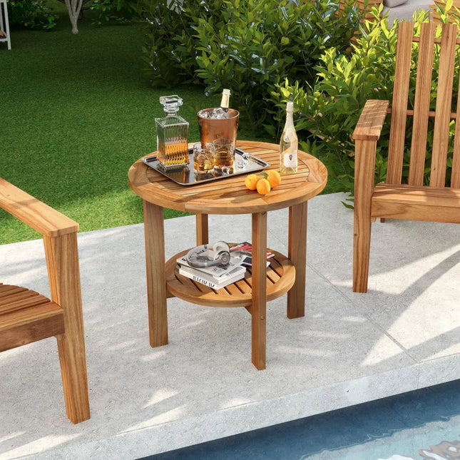 Outdoor Teak Wood Round Side Table Patio End Table with Slatted Storage Shelf - Natural - Patio Coffee Tables