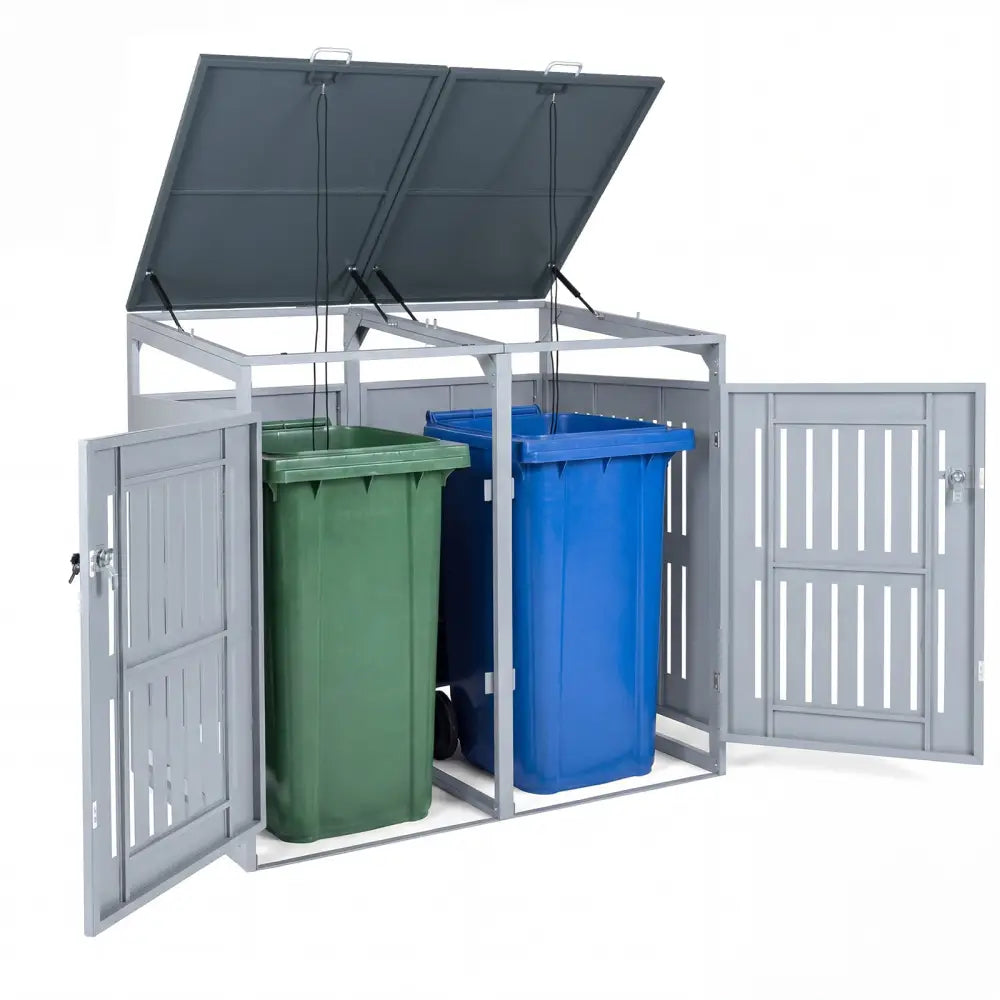 Outdoor Trash Can Storage Shed for 2 Bins with Gas Struts-Silver - Silver - Sheds & Outdoor Storage