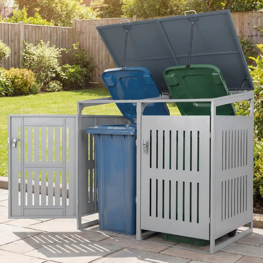 Outdoor Trash Can Storage Shed for 2 Bins with Gas Struts-Silver - Silver - Sheds & Outdoor Storage