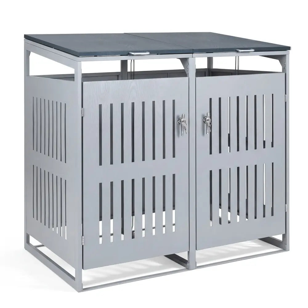 Outdoor Trash Can Storage Shed for 2 Bins with Gas Struts-Silver - Silver - Sheds & Outdoor Storage