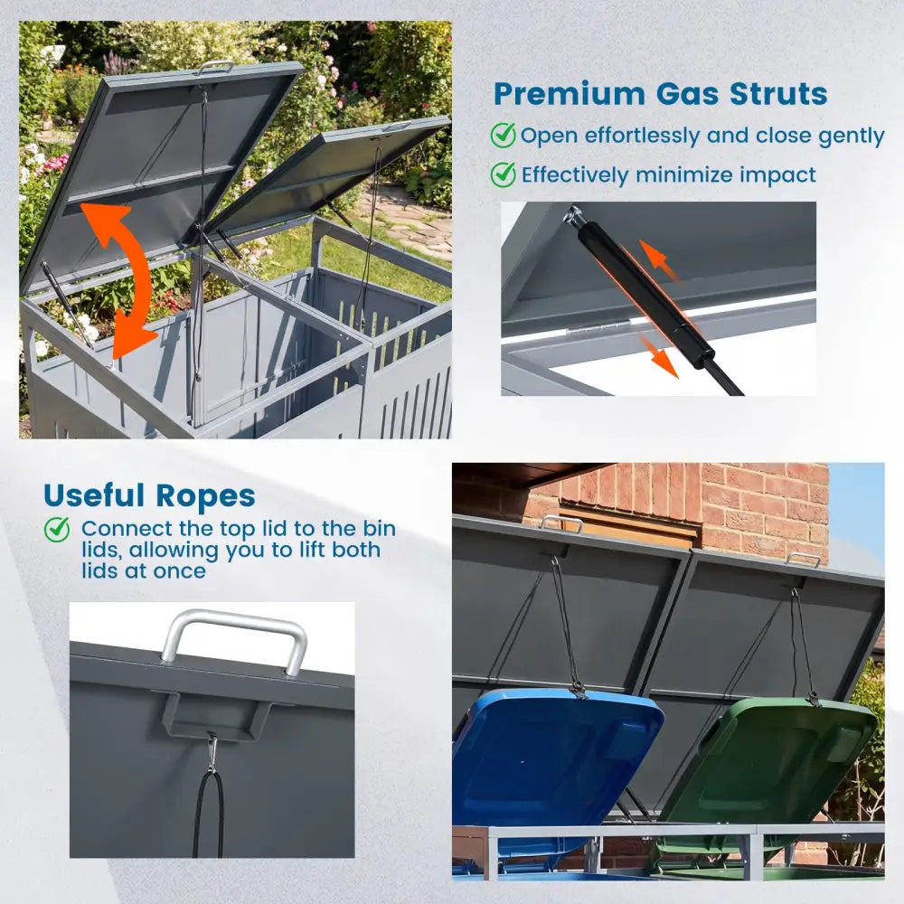 Outdoor Trash Can Storage Shed for 2 Bins with Gas Struts-Silver - Silver - Sheds & Outdoor Storage