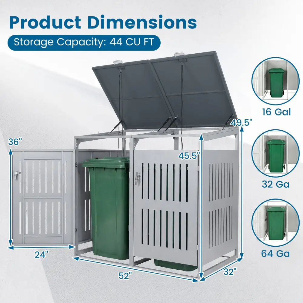 Outdoor Trash Can Storage Shed for 2 Bins with Gas Struts-Silver - Silver - Sheds & Outdoor Storage