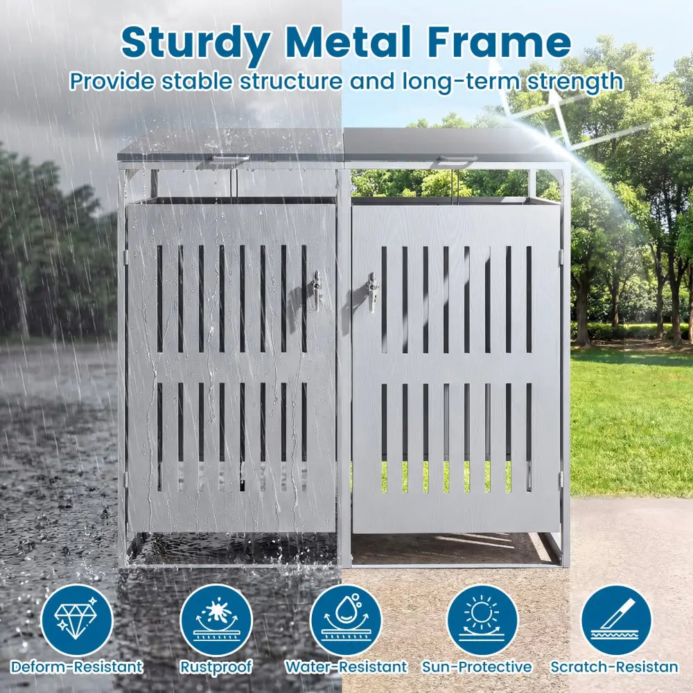Outdoor Trash Can Storage Shed for 2 Bins with Gas Struts-Silver - Silver - Sheds & Outdoor Storage