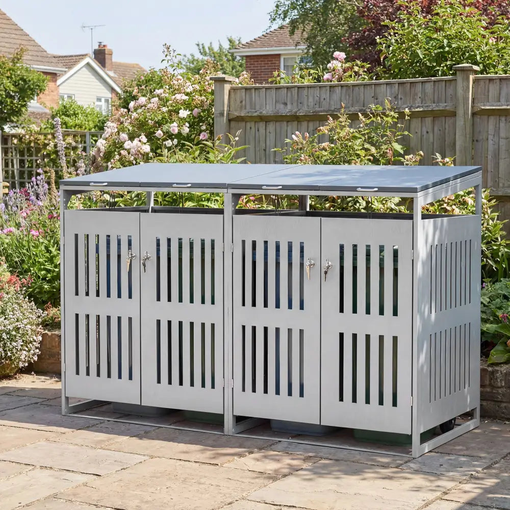 Outdoor Trash Can Storage Shed for 2 Bins with Gas Struts-Silver - Silver - Sheds & Outdoor Storage