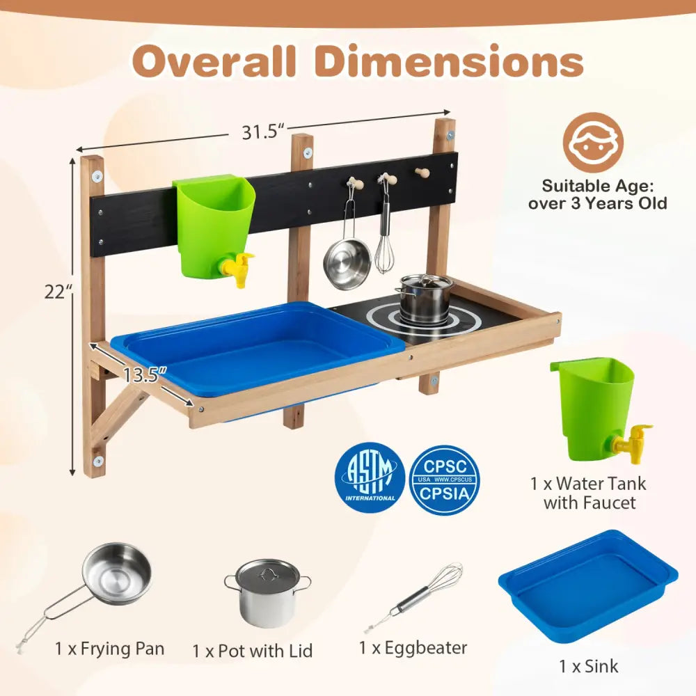 Outdoor Wall Mounted Mud Kitchen for Kids Ages 3+ - Play Kitchen Sets