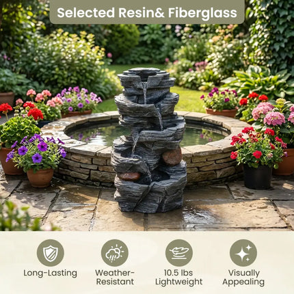 Outdoor Water Fountain with LED Lights and Pump 5-Tier Tabletop Cascading Rock Waterfall Feature - Outdoor Decor