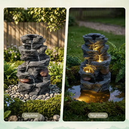 Outdoor Water Fountain with LED Lights and Pump 5-Tier Tabletop Cascading Rock Waterfall Feature - Outdoor Decor
