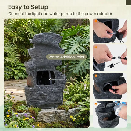 Outdoor Water Fountain with LED Lights and Pump 5-Tier Tabletop Cascading Rock Waterfall Feature - Outdoor Decor