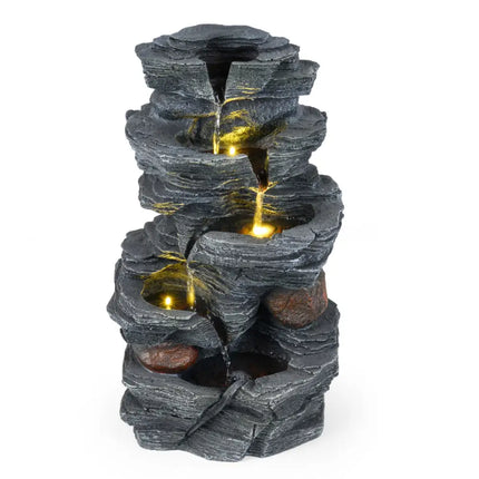Outdoor Water Fountain with LED Lights and Pump 5-Tier Tabletop Cascading Rock Waterfall Feature - Outdoor Decor