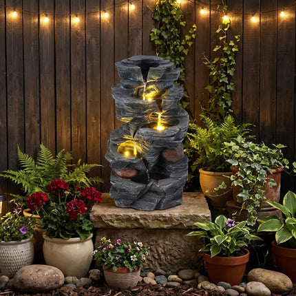Outdoor Water Fountain with LED Lights and Pump 5-Tier Tabletop Cascading Rock Waterfall Feature - Outdoor Decor