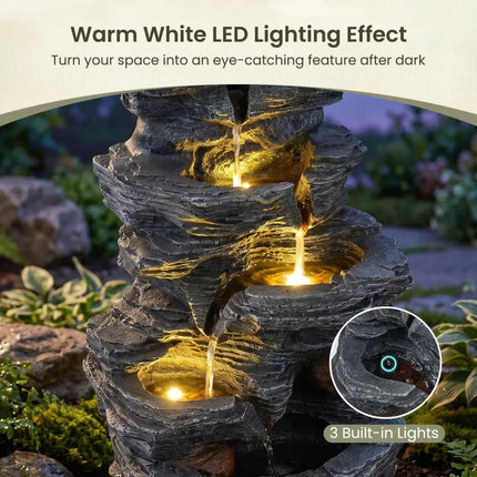 Outdoor Water Fountain with LED Lights and Pump 5-Tier Tabletop Cascading Rock Waterfall Feature - Outdoor Decor