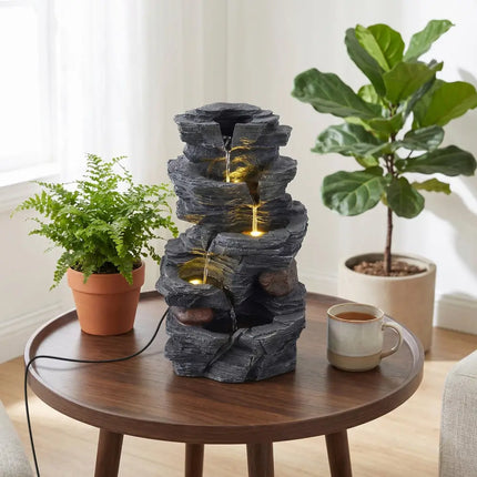 Outdoor Water Fountain with LED Lights and Pump 5-Tier Tabletop Cascading Rock Waterfall Feature - Outdoor Decor