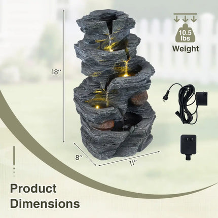 Outdoor Water Fountain with LED Lights and Pump 5-Tier Tabletop Cascading Rock Waterfall Feature - Outdoor Decor