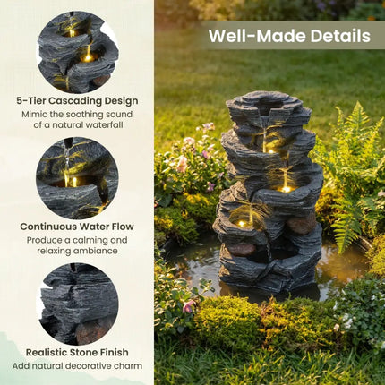 Outdoor Water Fountain with LED Lights and Pump 5-Tier Tabletop Cascading Rock Waterfall Feature - Outdoor Decor