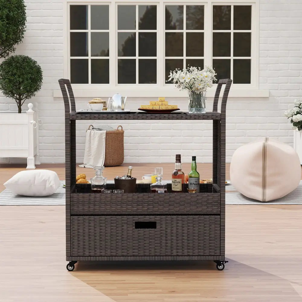 Outdoor Wicker Bar Cart Table with Tempered Glass Top - Kitchen Islands & Carts