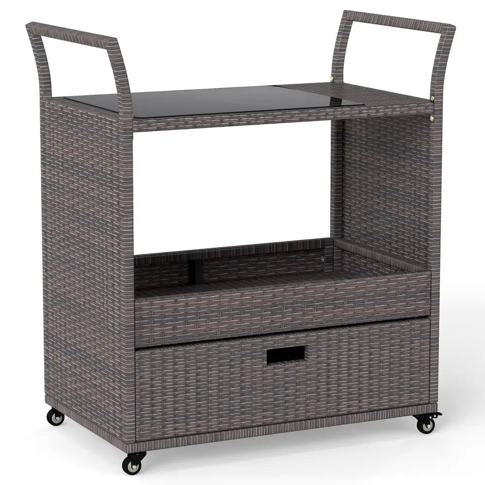 Outdoor Wicker Bar Cart Table with Tempered Glass Top - Kitchen Islands & Carts