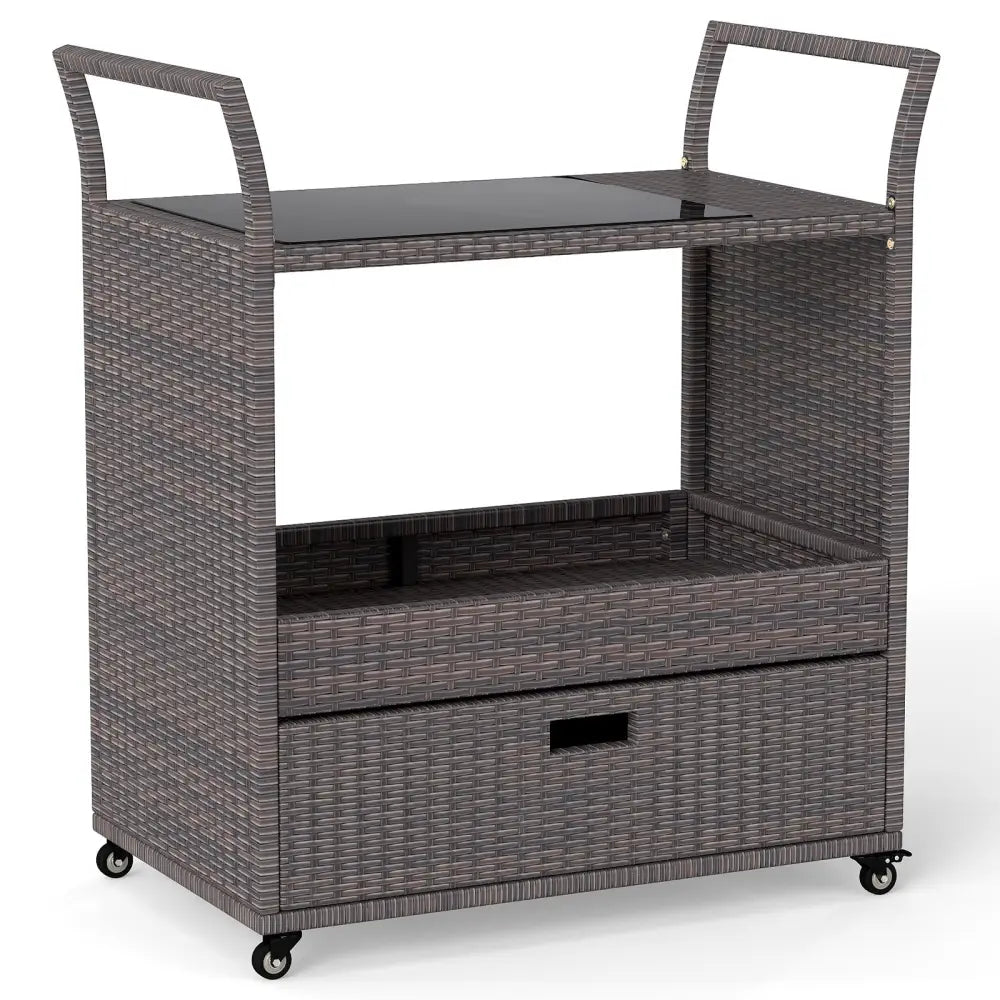Outdoor Wicker Bar Cart Table with Tempered Glass Top - Kitchen Islands & Carts