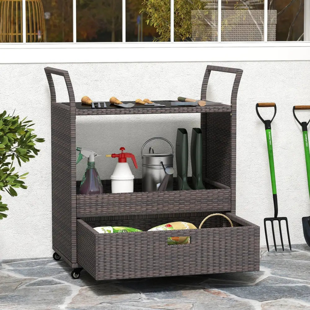 Outdoor Wicker Bar Cart Table with Tempered Glass Top - Kitchen Islands & Carts