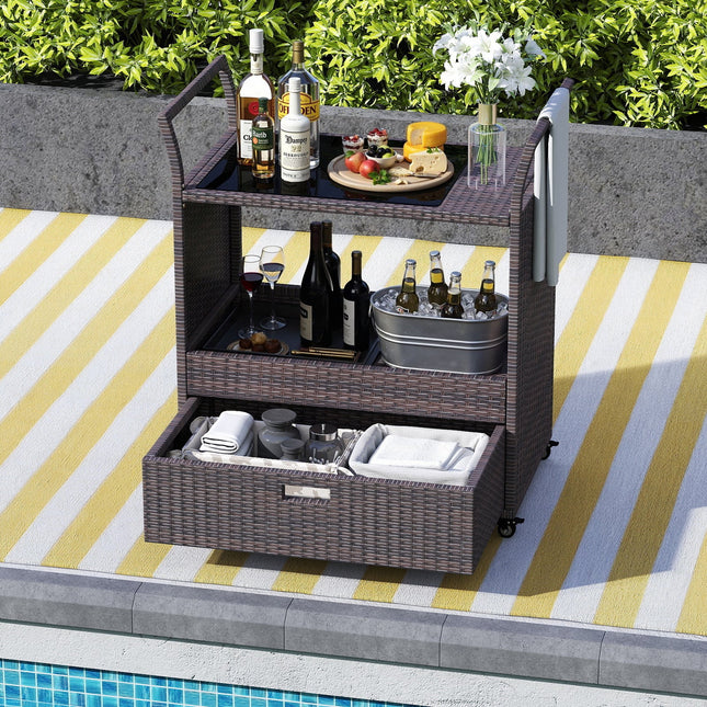 Outdoor Wicker Bar Cart Table with Tempered Glass Top - Kitchen Islands & Carts