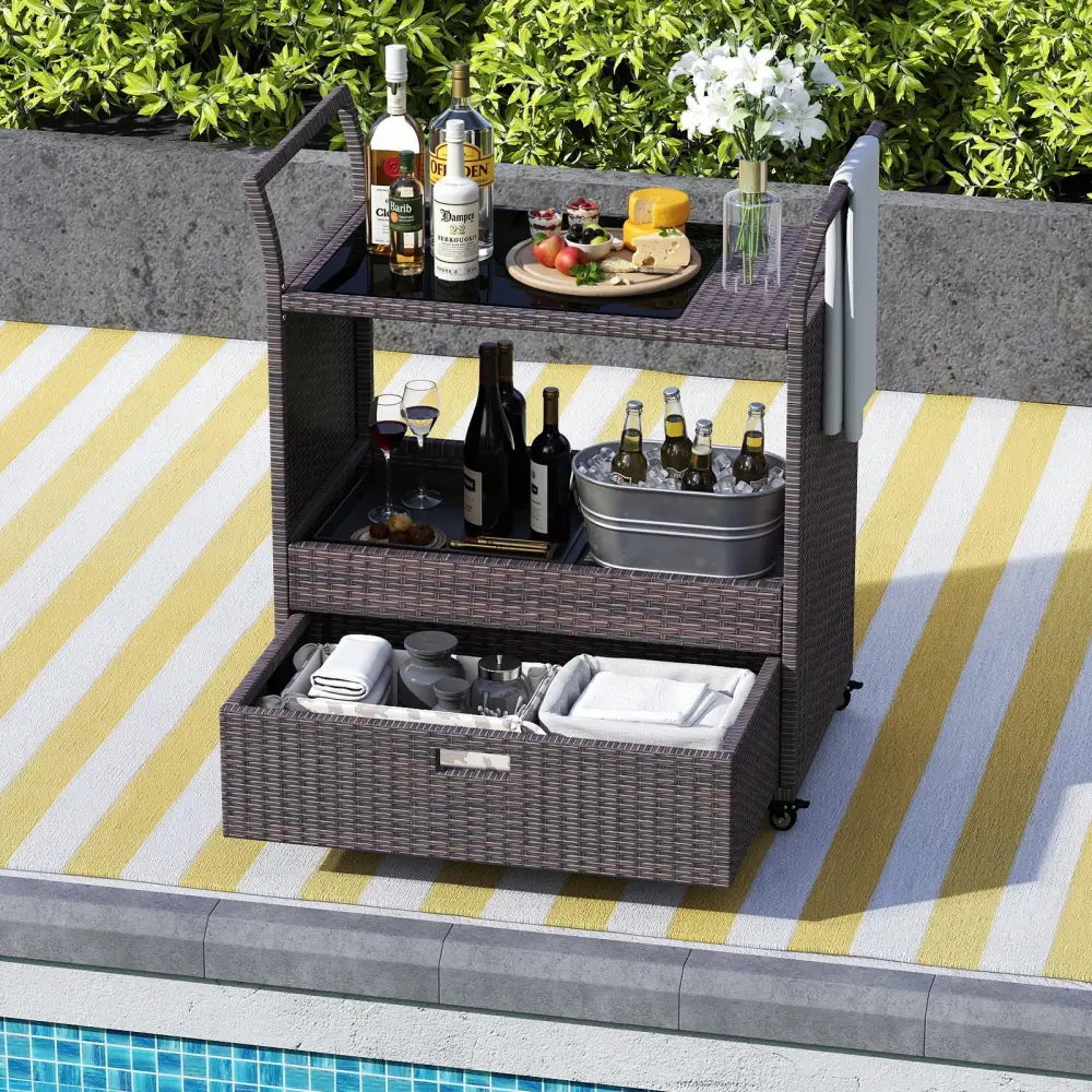 Outdoor Wicker Bar Cart Table with Tempered Glass Top - Kitchen Islands & Carts