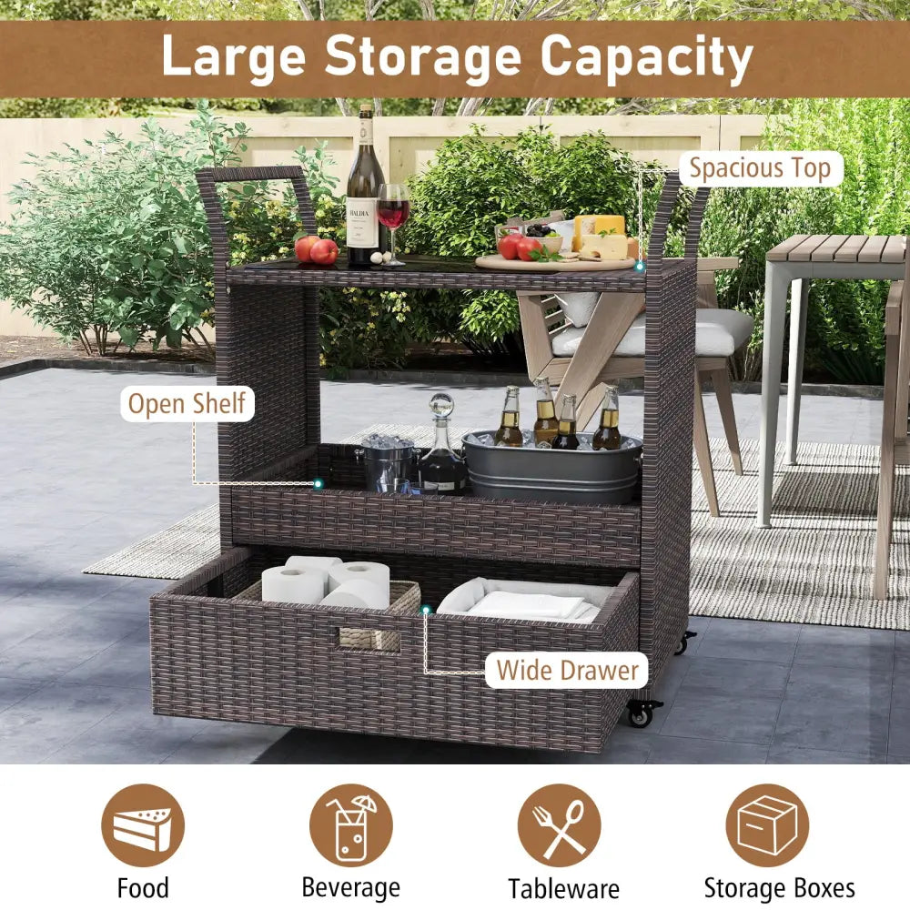Outdoor Wicker Bar Cart Table with Tempered Glass Top - Kitchen Islands & Carts