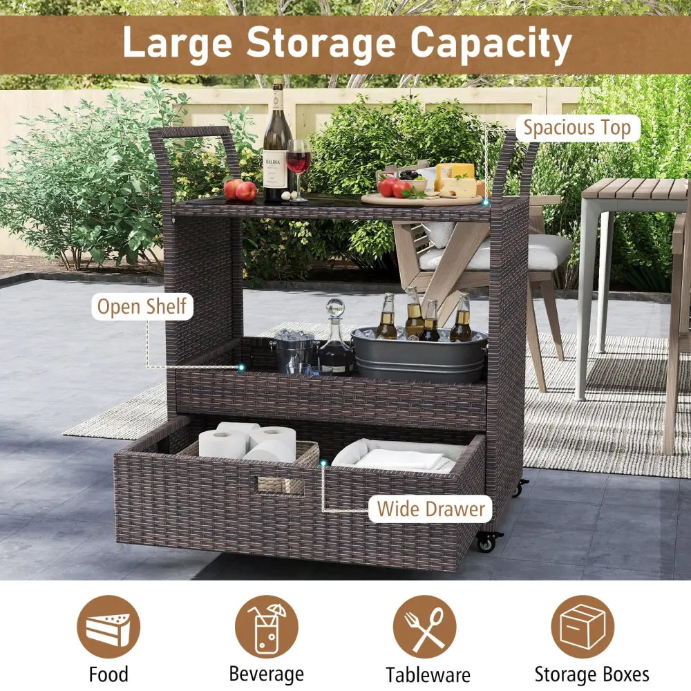 Outdoor Wicker Bar Cart Table with Tempered Glass Top - Kitchen Islands & Carts