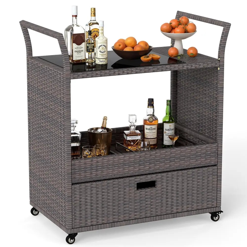 Outdoor Wicker Bar Cart Table with Tempered Glass Top - Kitchen Islands & Carts