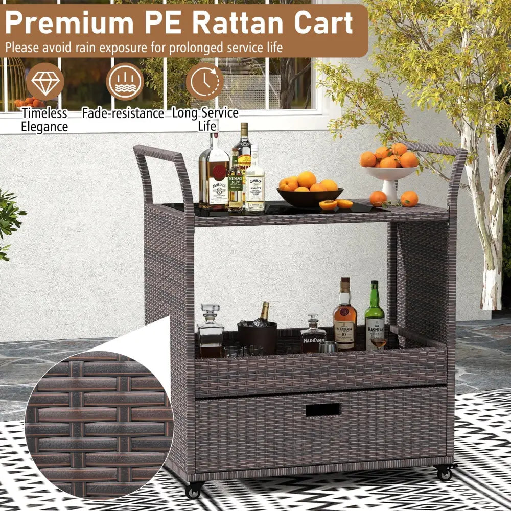 Outdoor Wicker Bar Cart Table with Tempered Glass Top - Kitchen Islands & Carts