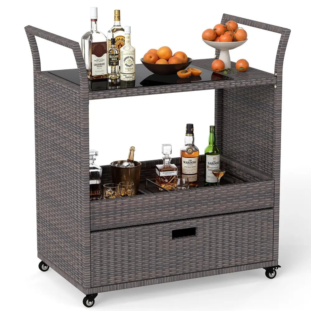 Outdoor Wicker Bar Cart Table with Tempered Glass Top - Kitchen Islands & Carts