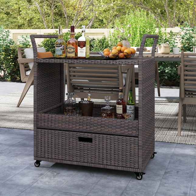Outdoor Wicker Bar Cart Table with Tempered Glass Top - Kitchen Islands & Carts