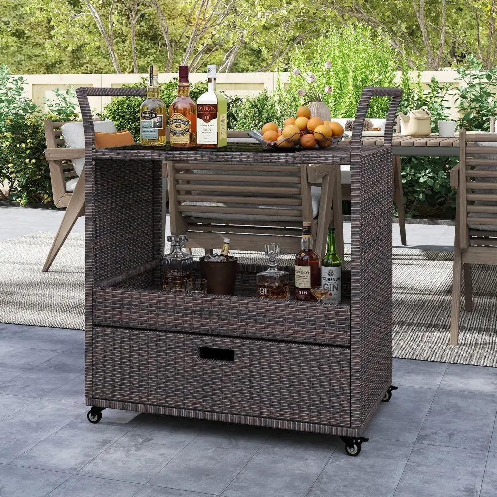 Outdoor Wicker Bar Cart Table with Tempered Glass Top - Kitchen Islands & Carts