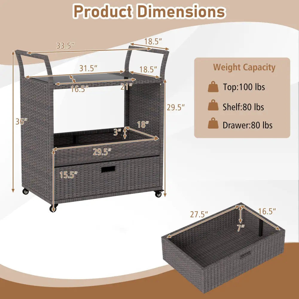 Outdoor Wicker Bar Cart Table with Tempered Glass Top - Kitchen Islands & Carts