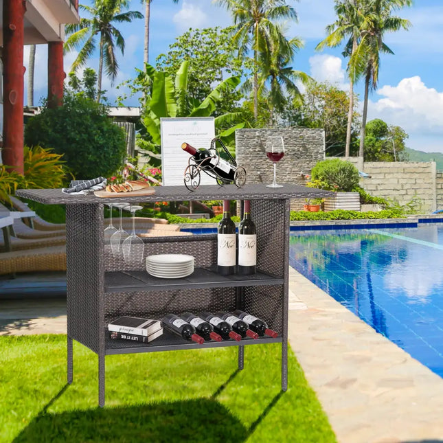 Outdoor Wicker Bar Table with 2 Metal Mesh Shelves - Brown - Patio Bar Furniture