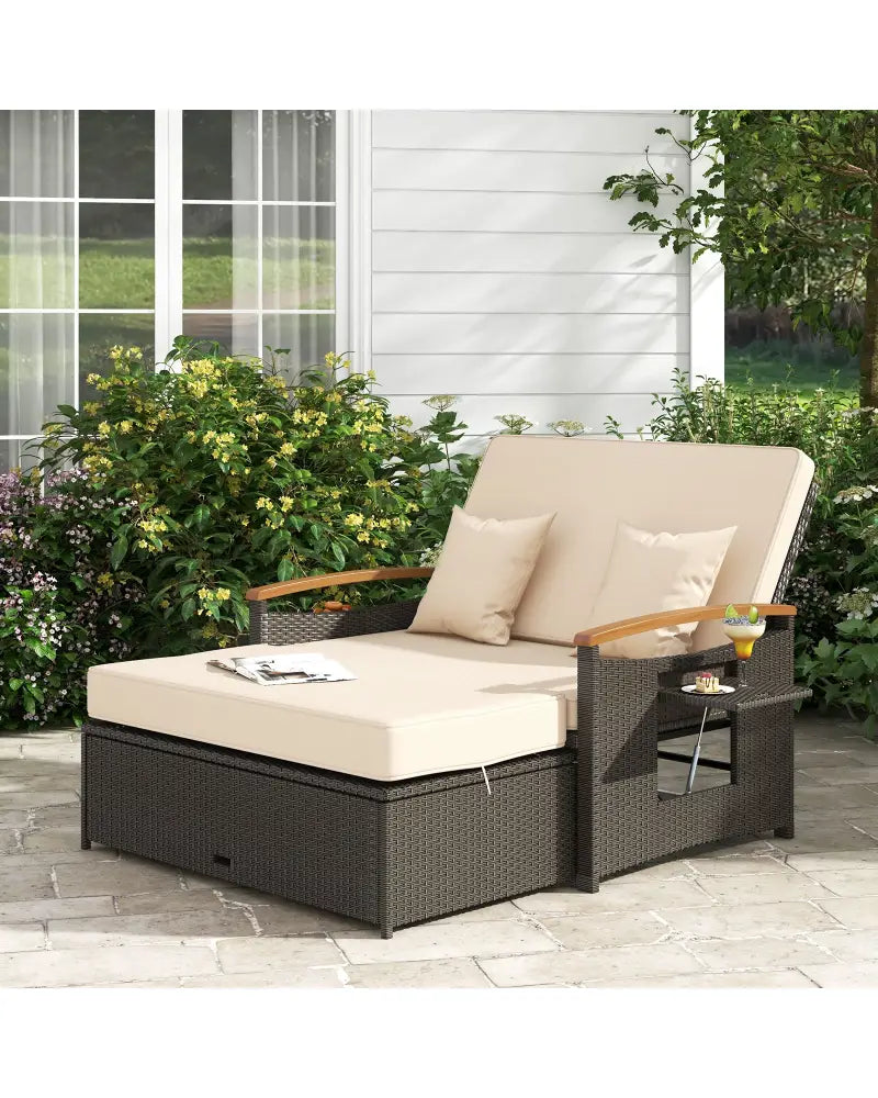 Outdoor Wicker Daybed with Folding Panels and Storage Ottoman-Beige - Beige - Outdoor Chaise Lounges